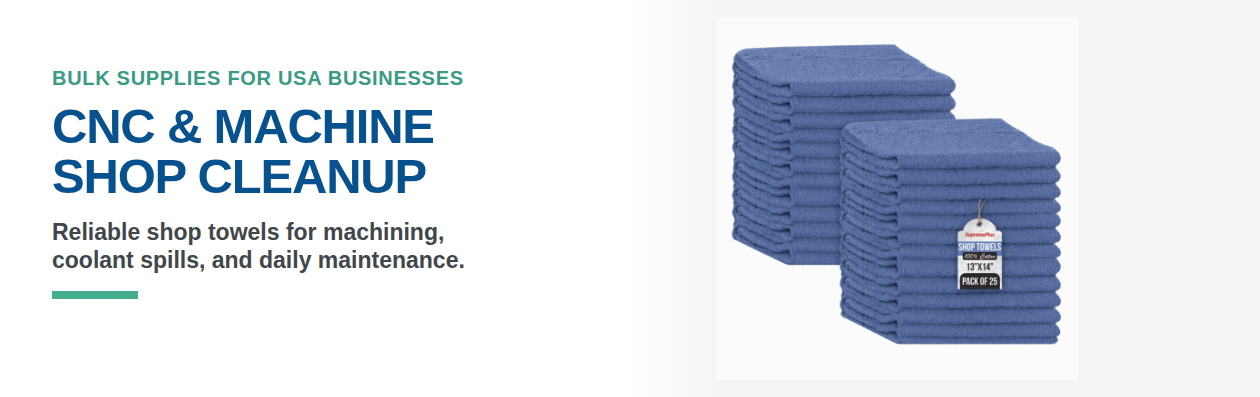 CNC and machine shop cleanup banner with blue shop towels