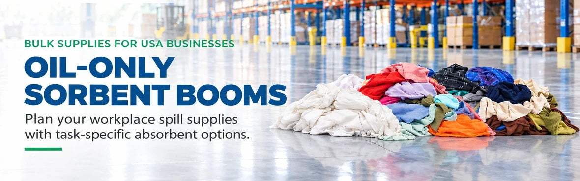 oil-only sorbent booms banner with USA bulk-supply copy and warehouse rag display