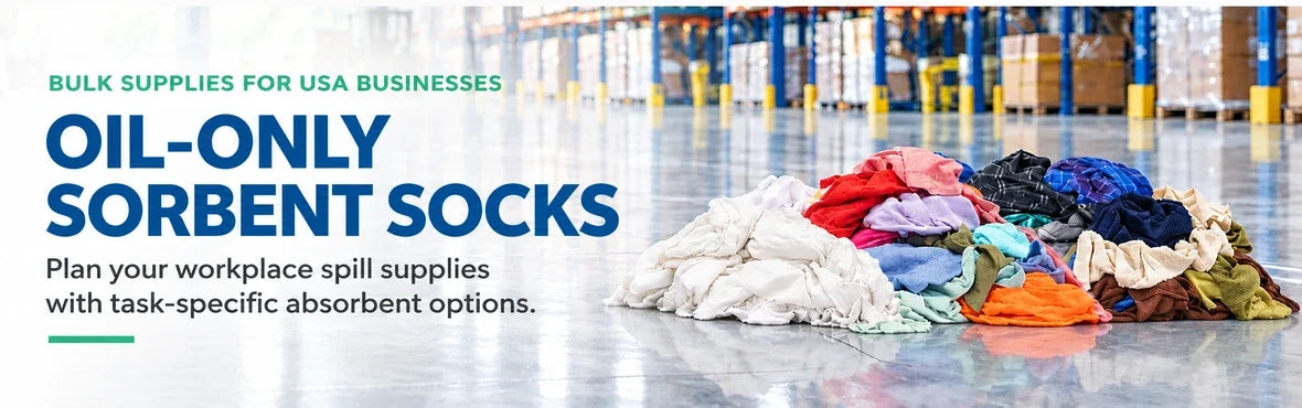 oil-only sorbent socks banner with USA bulk-supply copy and warehouse rag display