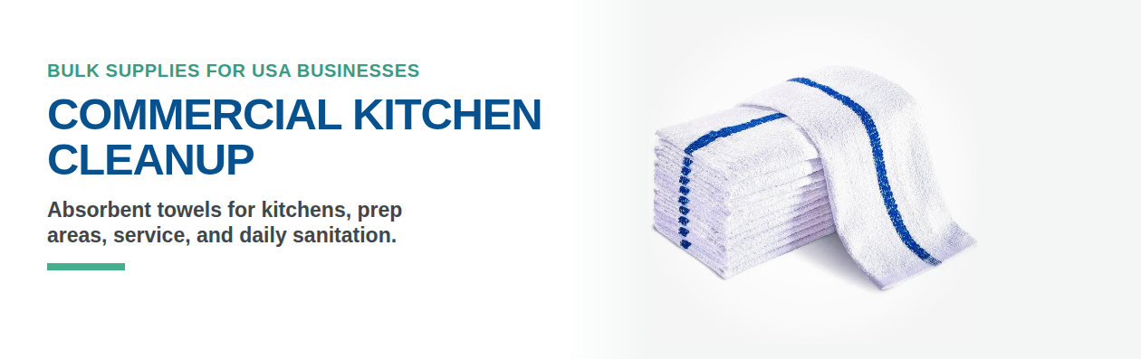 Commercial kitchen cleanup banner with bar mop towels