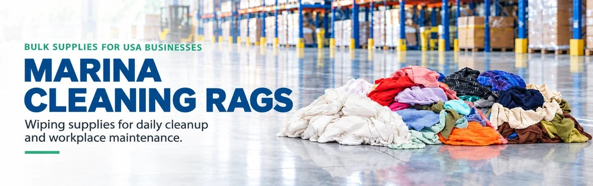 marina cleaning rags banner with USA bulk-supply copy and warehouse rag display