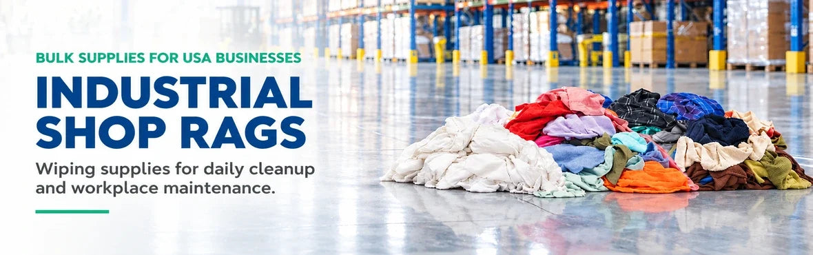 industrial shop rags banner with USA bulk-supply copy and warehouse rag display