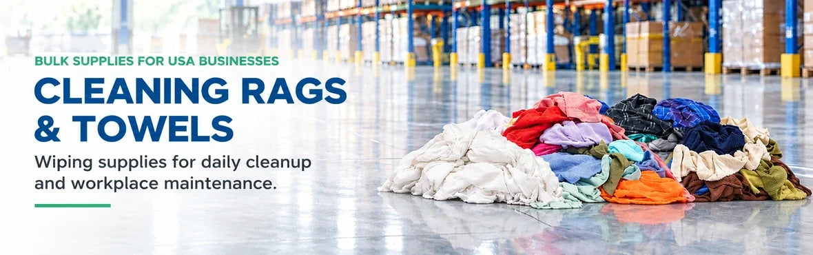 cleaning rags & towels banner with USA bulk-supply copy and warehouse rag display