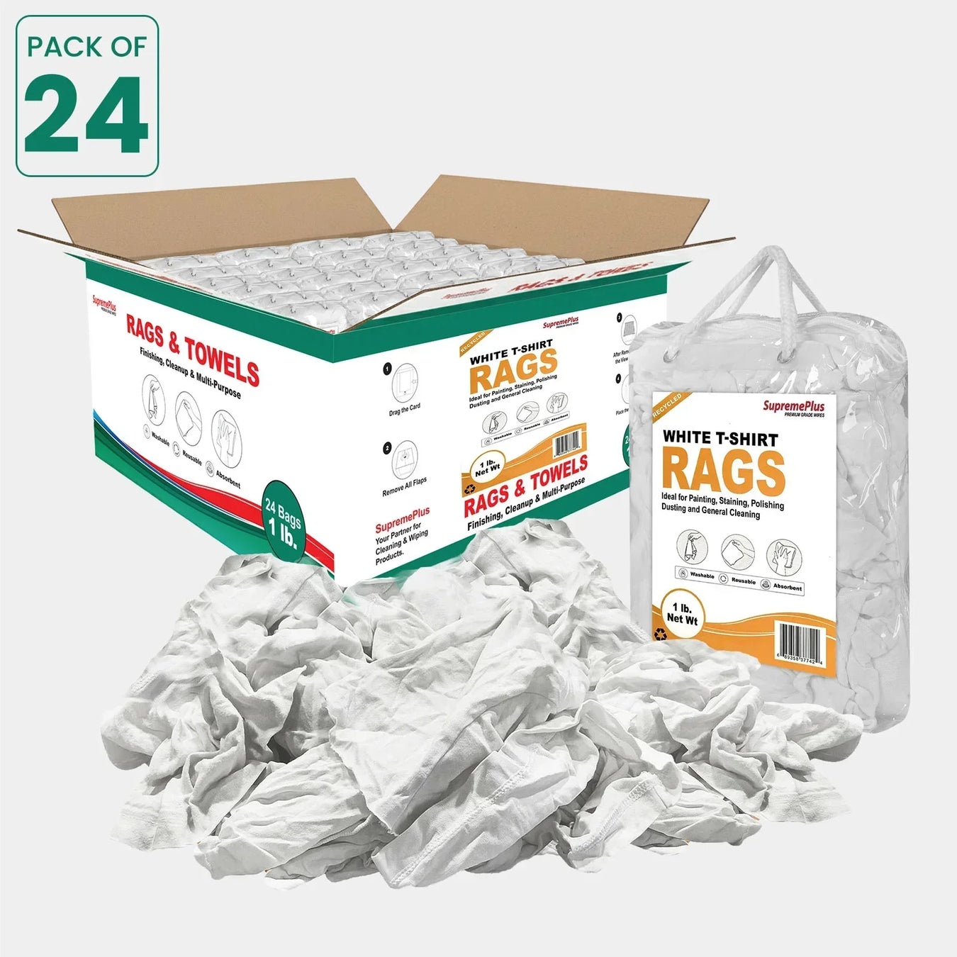 Recycled white knit T-shirt cleaning rags with clear bags and a master carton