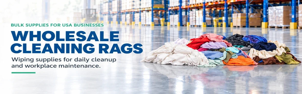 wholesale cleaning rags banner with USA bulk-supply copy and warehouse rag display
