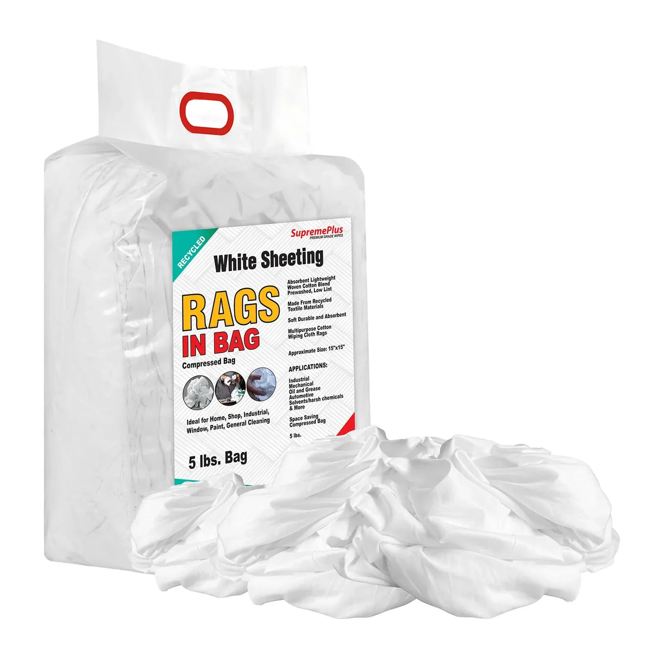 White sheeting cleaning rags beside a labeled bag