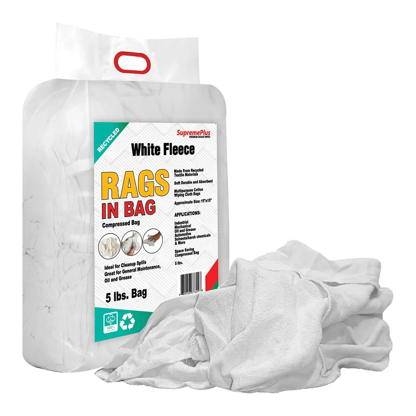 White sweatshirt fleece cleaning rags beside a labeled bag