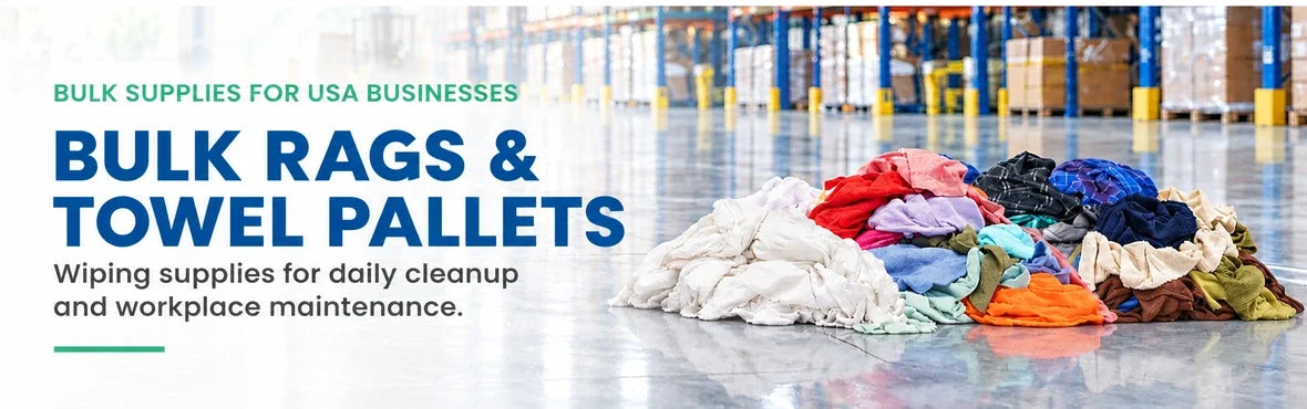 bulk rags & towel pallets banner with USA bulk-supply copy and warehouse rag display