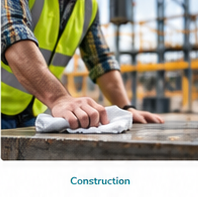 Construction worker wiping a workbench with a white cloth