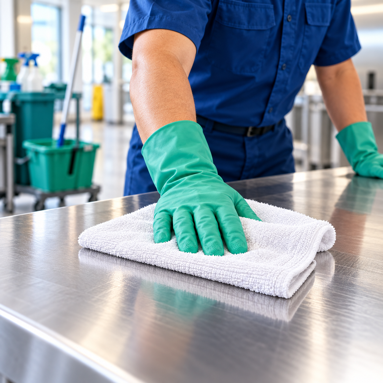 Janitorial worker using a white terry washcloth to clean a commercial stainless steel counter