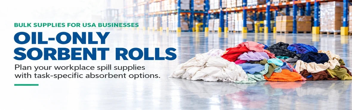 oil-only sorbent rolls banner with USA bulk-supply copy and warehouse rag display
