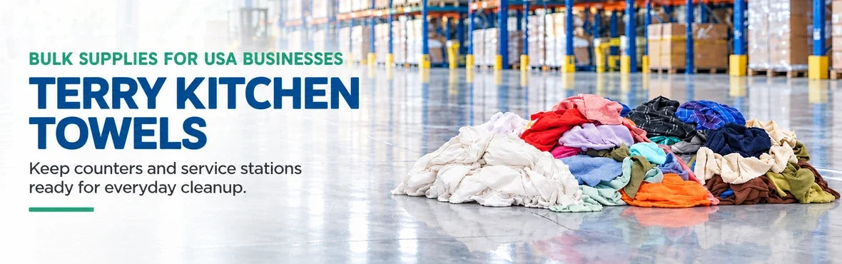 terry kitchen towels banner with USA bulk-supply copy and warehouse rag display