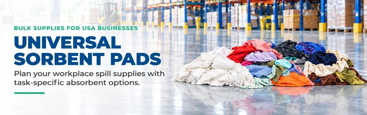 universal sorbent pads banner with USA bulk-supply copy and warehouse rag display