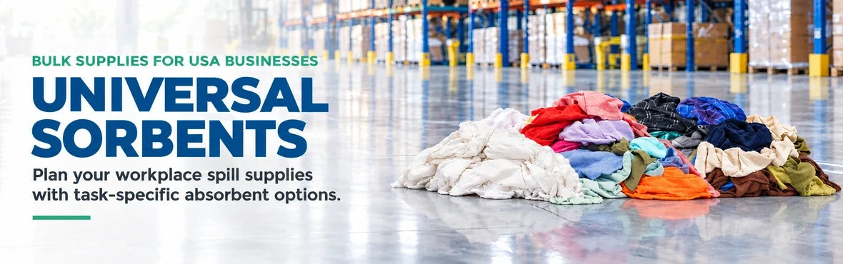universal sorbents banner with USA bulk-supply copy and warehouse rag display