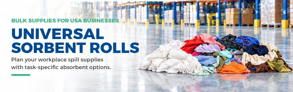 universal sorbent rolls banner with USA bulk-supply copy and warehouse rag display
