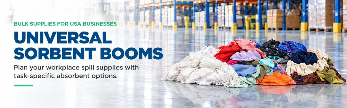 universal sorbent booms banner with USA bulk-supply copy and warehouse rag display