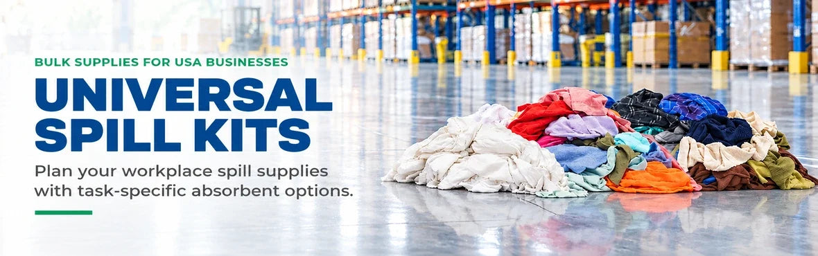 universal spill kits banner with USA bulk-supply copy and warehouse rag display