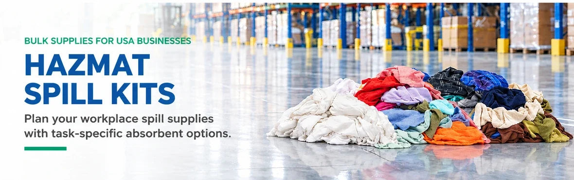 hazmat spill kits banner with USA bulk-supply copy and warehouse rag display