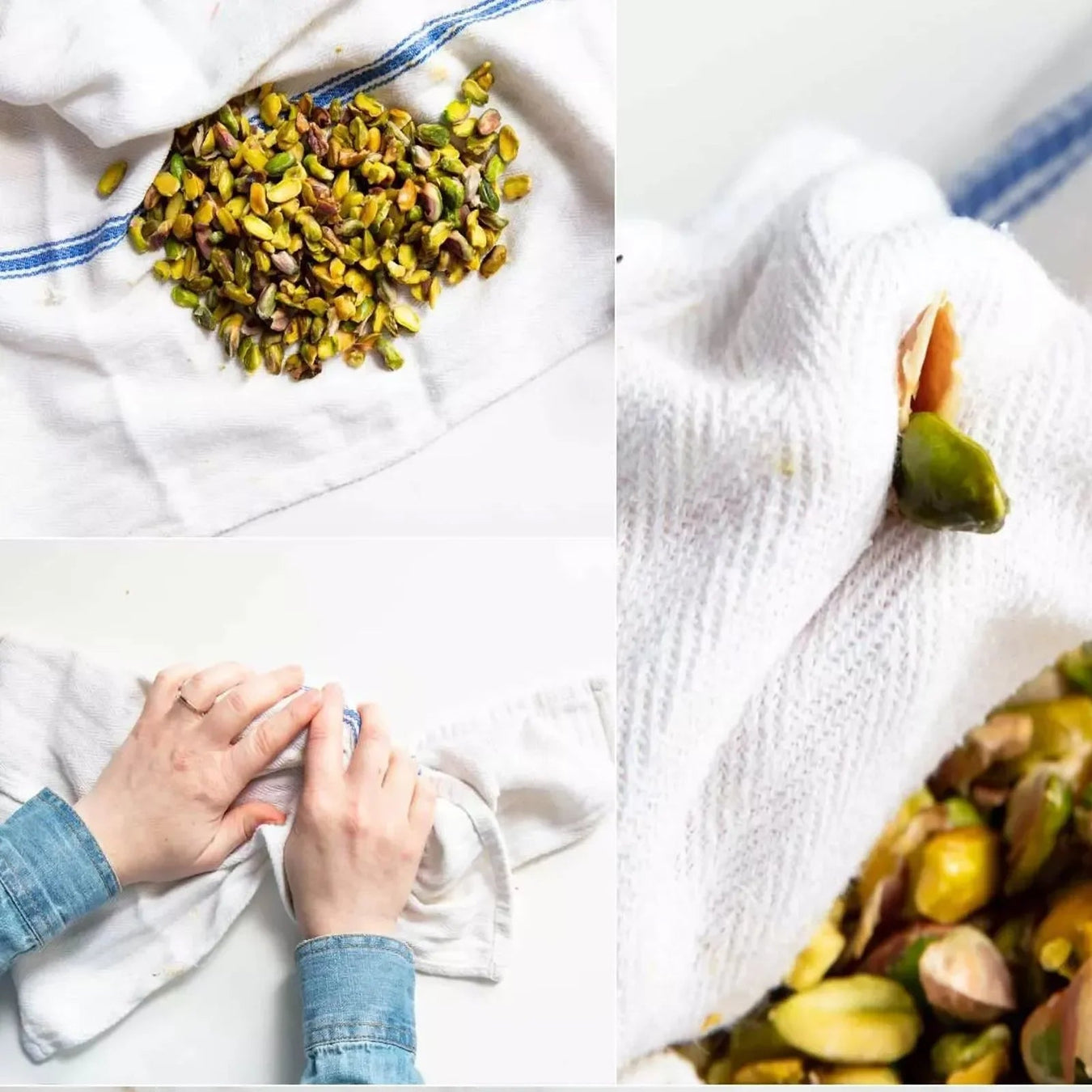Striped white kitchen towel shown wiping and drying tasks