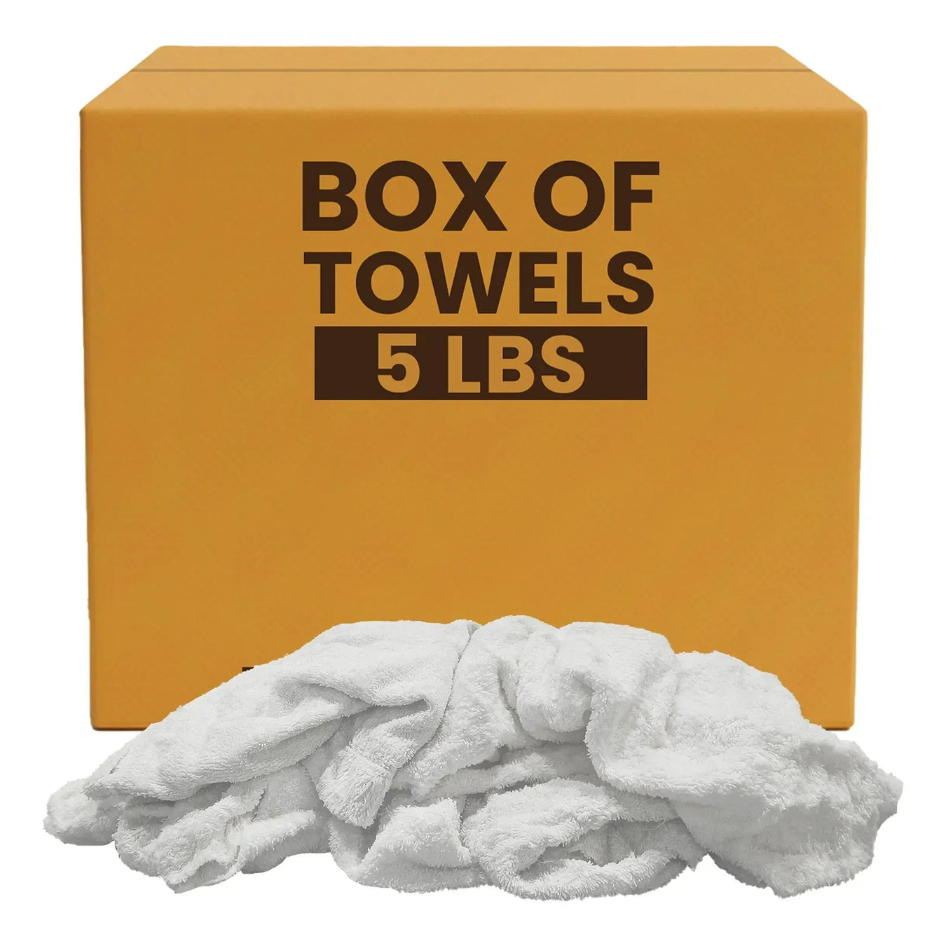White terry bar towels beside a box labeled Box of Towels