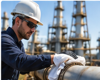 Maintenance worker wiping a pipe in an oil and gas facility