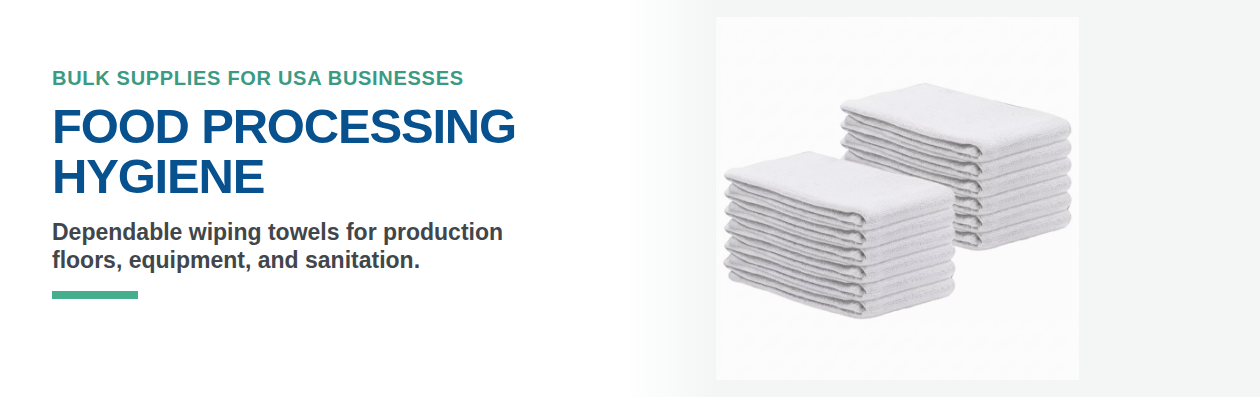 Food processing hygiene banner with white huck towels