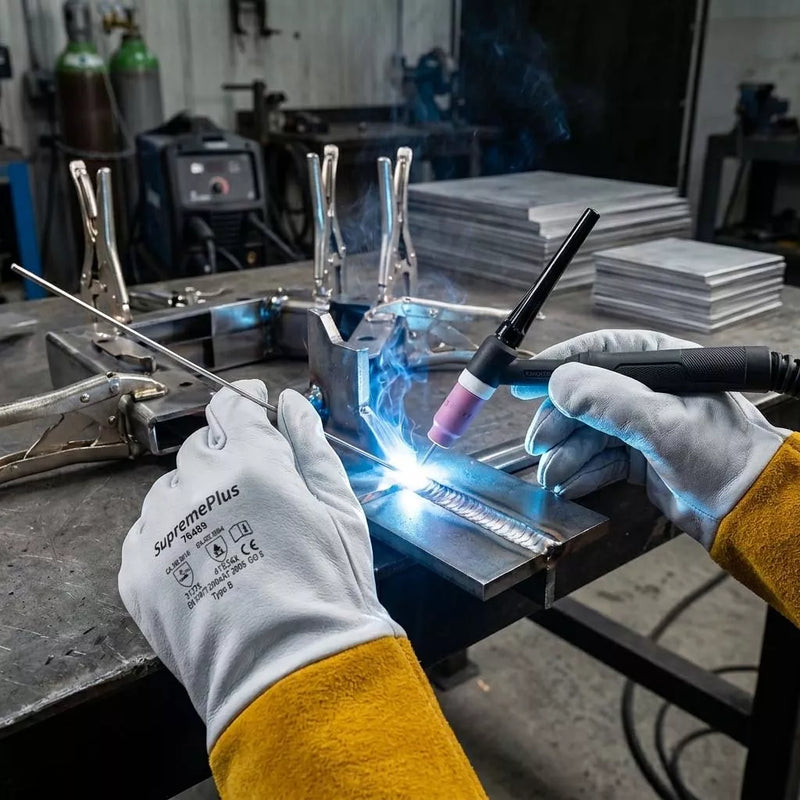 MIG Welding Gloves with Extended Yellow Cuff - White - L, XL, 2XL