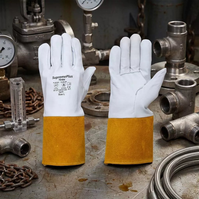 MIG Welding Gloves with Extended Yellow Cuff - White - L, XL, 2XL