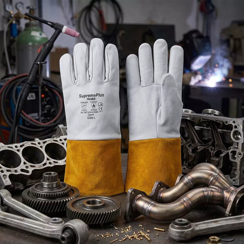 MIG Welding Gloves with Extended Yellow Cuff - White - L, XL, 2XL