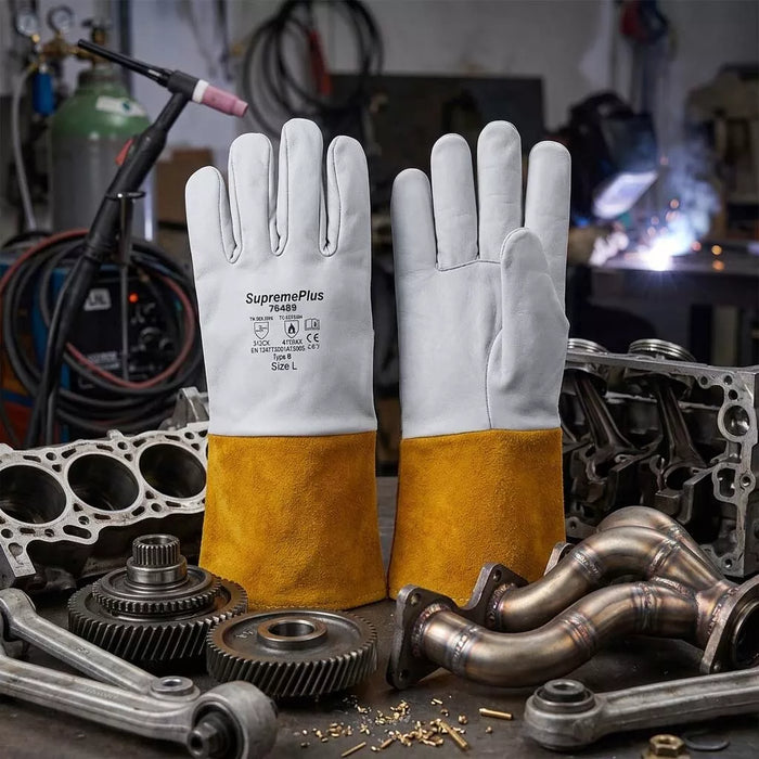 MIG Welding Gloves with Extended Yellow Cuff - White - L, XL, 2XL