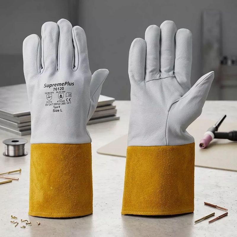 TIG Welding Gloves - Extended Yellow Cuff White (L, XL, 2XL)