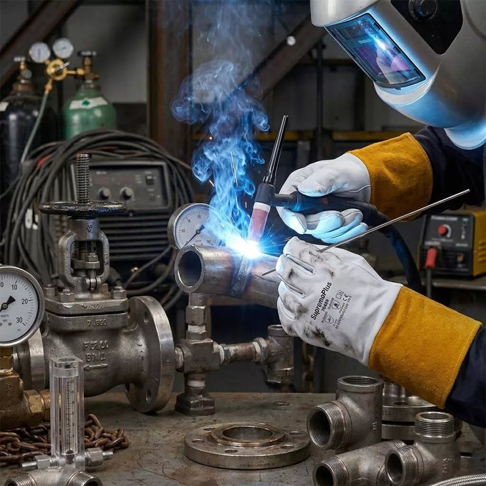 MIG Welding Gloves with Extended Yellow Cuff - White - L, XL, 2XL