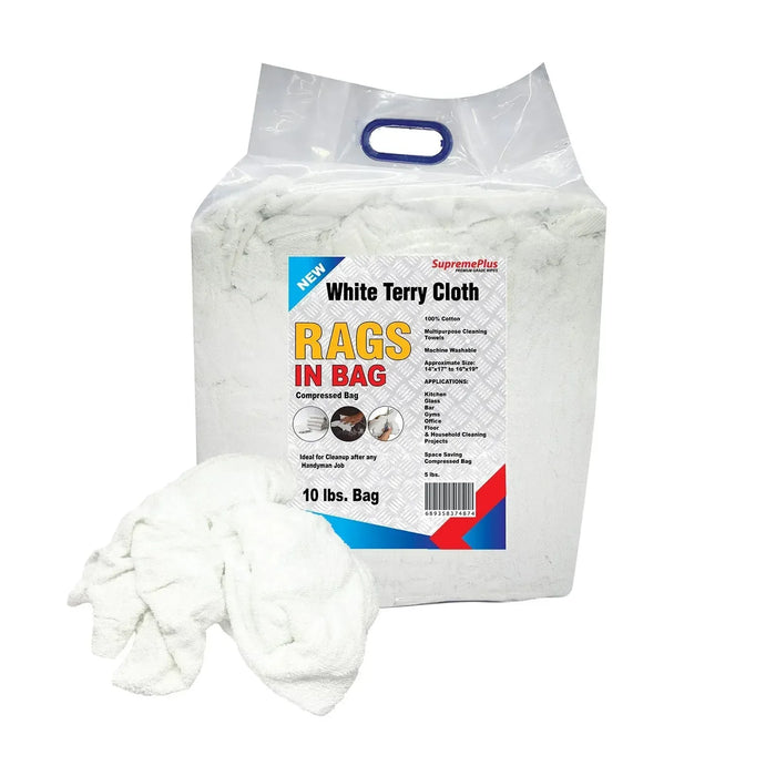 Bulk White Terry Towel Cleaning Rags – 960 lbs. Pallet - 96 x 10 lbs. Bags - Wiping Hub