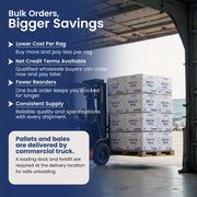 Promotional graphic for bulk orders showing a forklift loading stacked white boxes labeled 'BOX OF RAGS' from a shipping container. Text highlights cost savings, credit terms, fewer reorders, consistent supply, and delivery by commercial truck.
