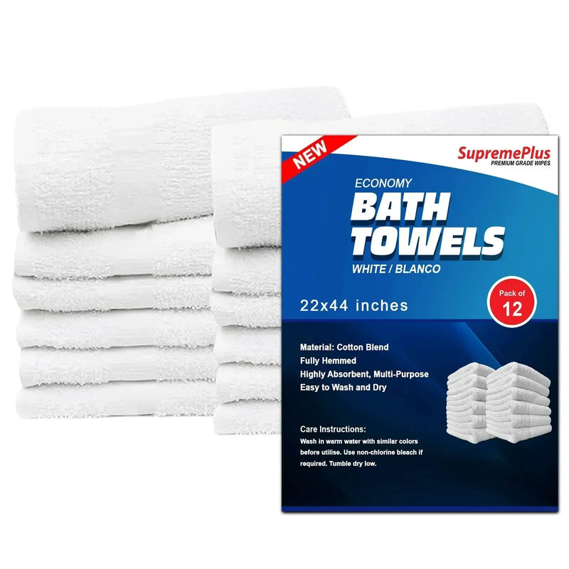Economy White Bath Towels - 22" x 44" - Bulk Buy - Wiping Hub