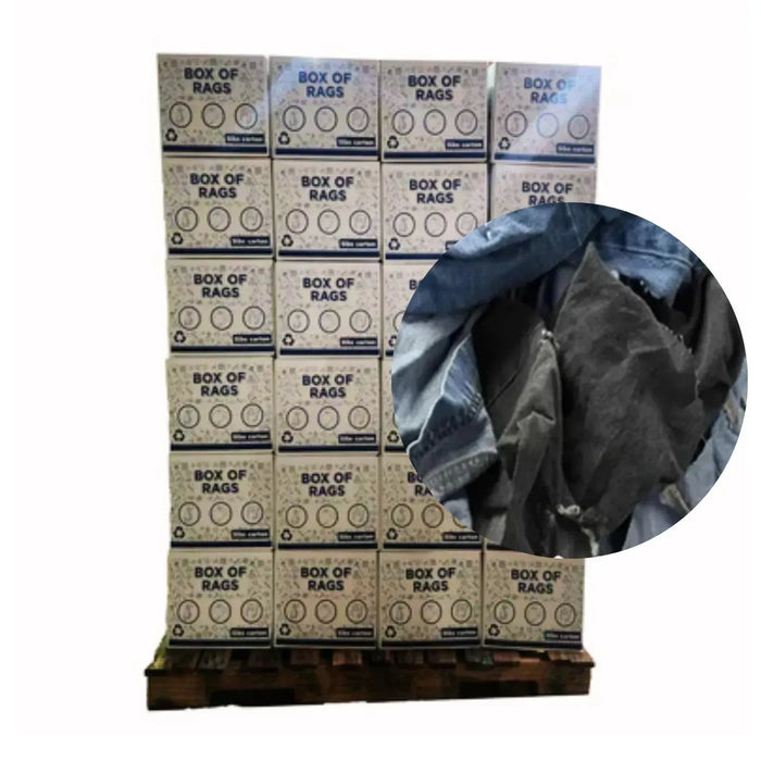 Recycled Denim Cloth Material Cleaning Rags - 600 lbs. Pallet - 120 x 5 lbs. Boxes - Wiping Hub