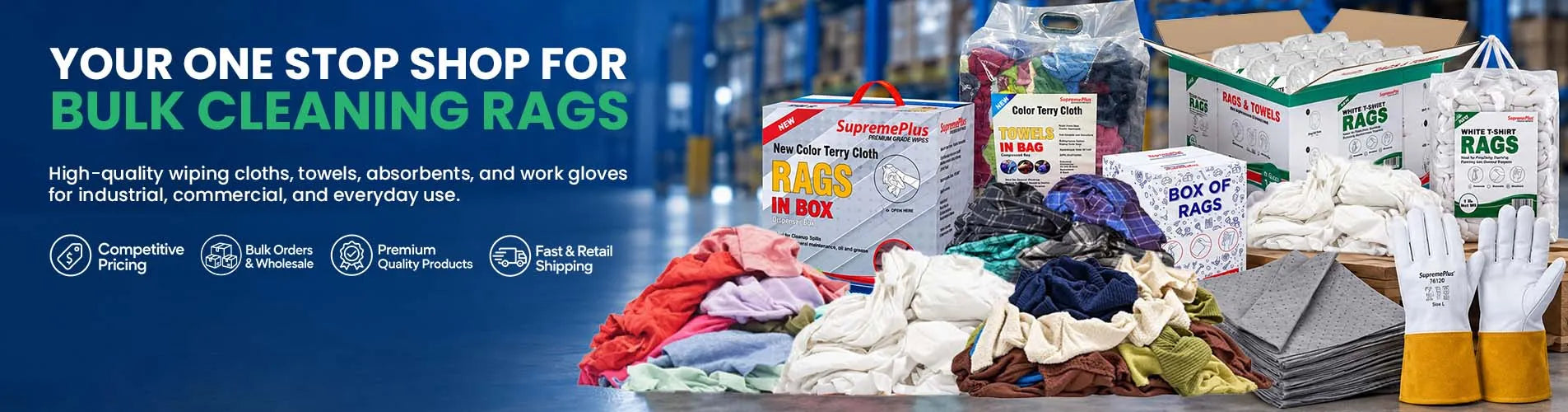 Wiping Hub homepage banner showing bulk cleaning rags, towels, absorbent pads and work gloves with assorted packaging