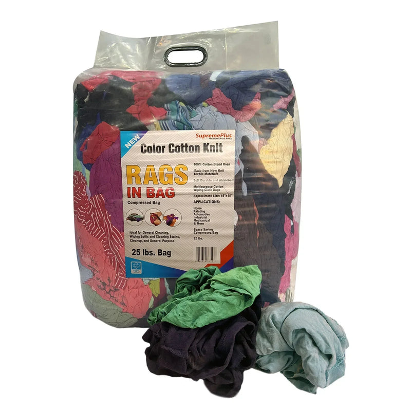 Multi-color washed T-shirt rags from Wiping Hub on a pallet, showing folded fabric bags in various colors and sizes.