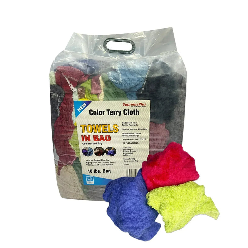 Bulk Color Terry Towel Cleaning Rags – 960 lbs. Pallet – 96 x 10 lbs. Bags - Wiping Hub