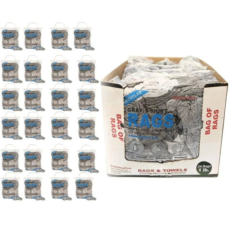 Recycled Gray Knit T-Shirt Cleaning Rags - 1 lb. Bag - Pack of 24 - Wiping Hub