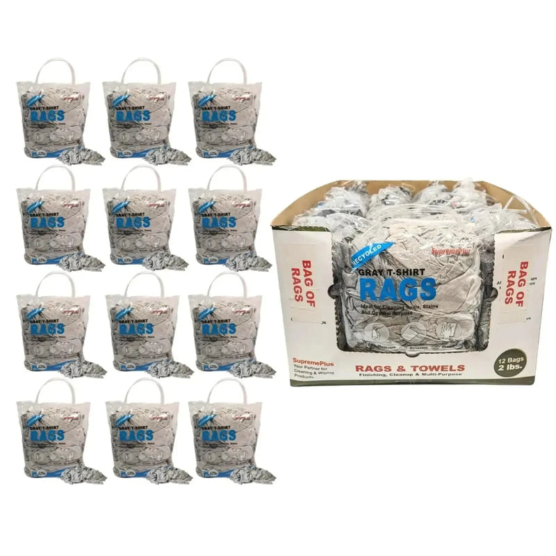 Recycled Gray Knit T-Shirt Cleaning Rags - 2 lbs. Bag - Pack of 12 - Wiping Hub