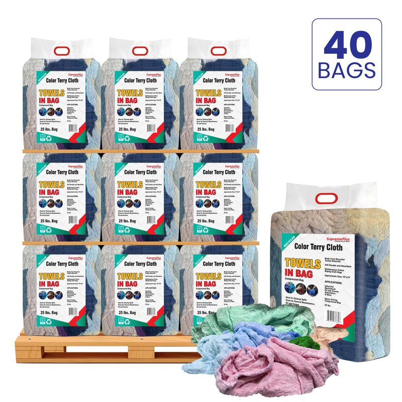 Recycled Color Terry Towel Cleaning Rags - 1000 lbs. Pallet - 40 x 25 lbs.  Bags