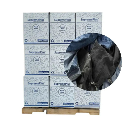 Recycled Denim Cloth Material Cleaning Rags  - 675 lbs. Pallet - 27 x 25 lbs. Boxes - Wiping Hub