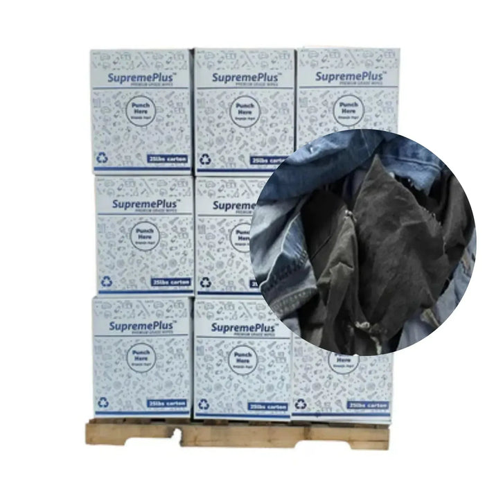 Recycled Denim Cloth Material Cleaning Rags  - 675 lbs. Pallet - 27 x 25 lbs. Boxes - Wiping Hub