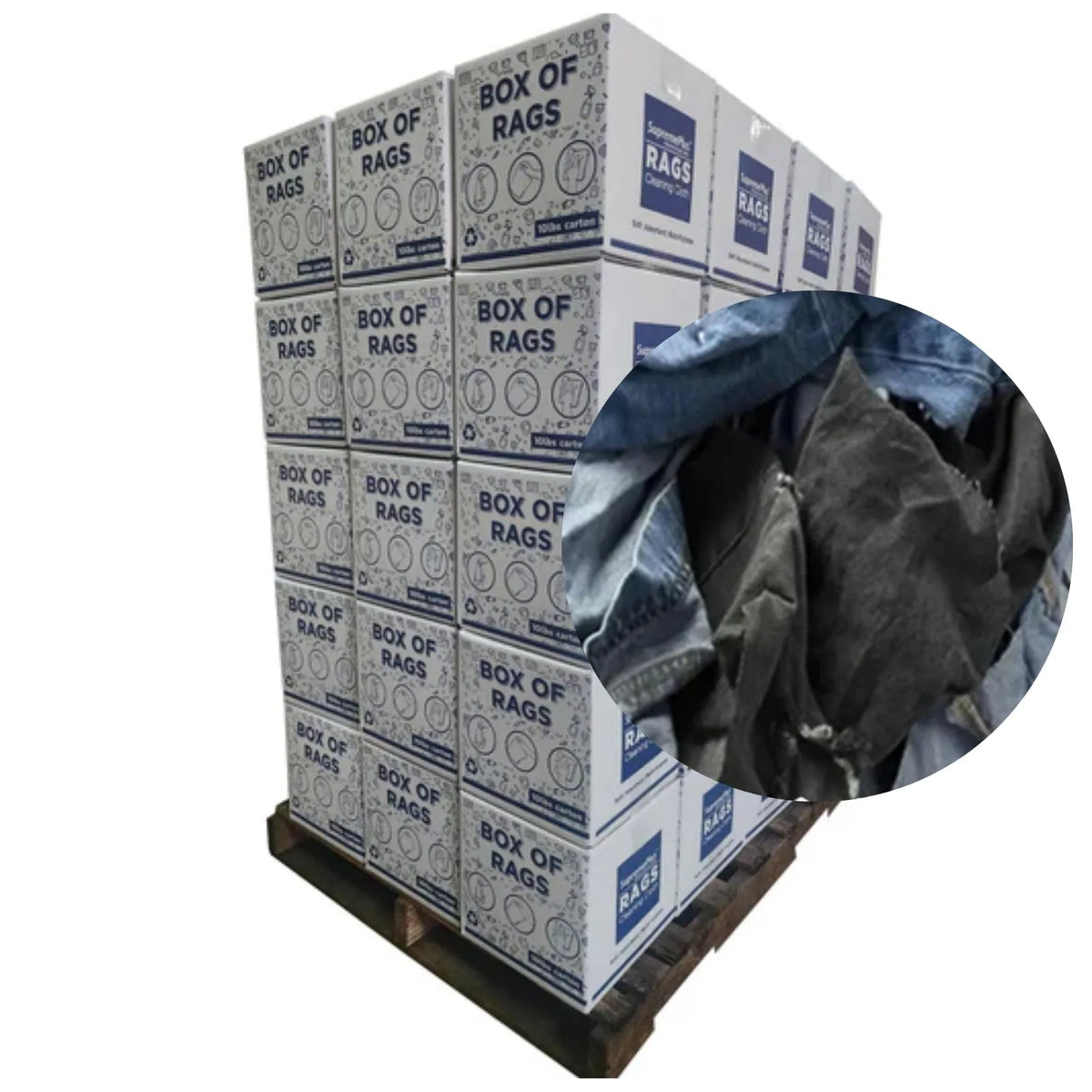 Recycled Denim Rags 720 lbs. Pallet - 72 x 10 lbs. Boxes I Wiping Hub