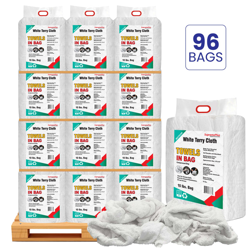 Recycled White Terry Towel Cleaning Rags - 960 lbs. Pallet - 96 x 10 lbs.  Bags