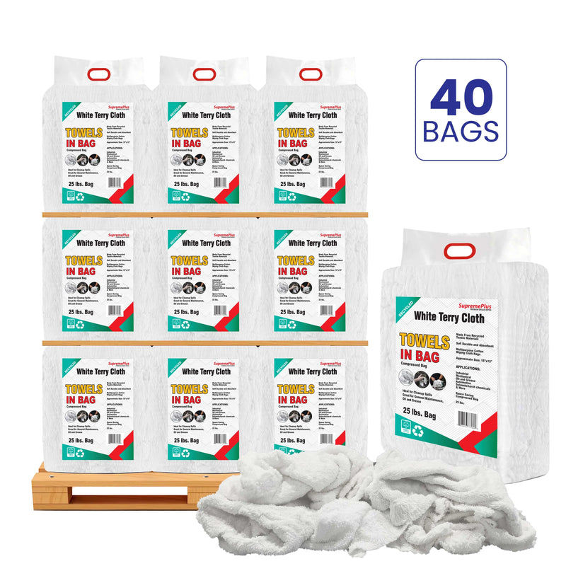 Recycled White Terry Towel Cleaning Rags - 1000 lbs. Pallet - 40 x 25 lbs. Bags