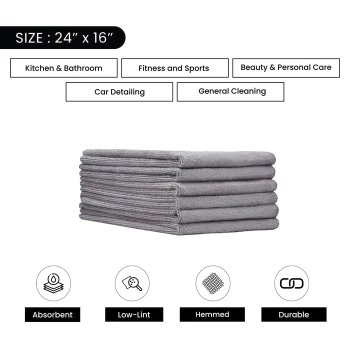 Color Microfiber Hand Towels - Gray - 24" x 16" - 24 Counts