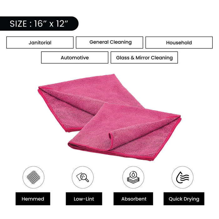 Color Economy Microfiber Towels - Pink - 16" x 12" - 96 Counts