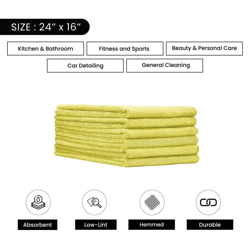 Color Microfiber Hand Towels - Yellow - 24" x 16" - 24 Counts